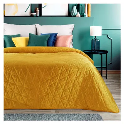 Produktbild von Zweiseitige Tagesdecke LUIZ, 3 Velvet/Satin, Bettüberwurf, Steppdecke, Weiche Sofadecke, Karomuster, Sesselschoner; (Gelb, 170 x 210 cm)
