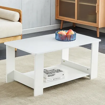 Produktbild von STILVORA Beistelltisch mit weißer Holzmaserung und zweistufigem MDF-Regal für effiziente Aufbewahrung, Couchtisch für kleine Wohnzimmer und platzsparende Nutzung, Wohnzimmertisch für moderne, skandinavische oder japanische Einrichtung, stabil und langlebig