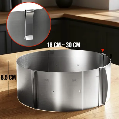 Produktbild von Lindenstein Tortenring verstellbar 8,5 cm hoch – Edelstahl Kuchenring Ø 16–30 cm, stabiler Backring mit Skala und Klemmhebel zum Backen, Füllen