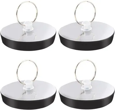 Imagen del producto de Ibenzoa®: 4 tapones de goma para desagües de 42–45 mm, aptos para bañeras y lavabos, fabricados en acero inoxidable y silicona, de 4,5 x 1 cm, color plateado y