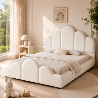 Immagine prodotto di Letto per bambini MODFU, 140x200 cm, imbottito con tessuto vellutato, con testiera effetto "nuvola" e angoli arrotondati. Struttura del letto, colore beige (senza materasso)