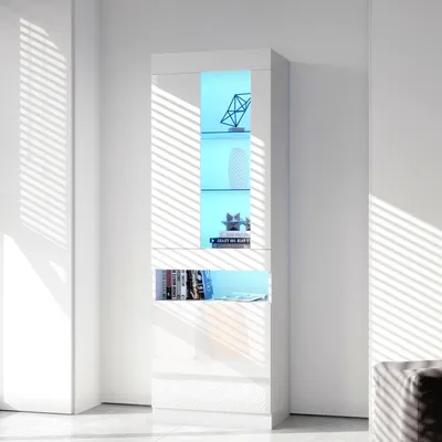 Produktbild von Sweiko Vitrine mit 16 Farben LED Beleuchtung Vitrinenschrank Standvitrine Stauraumvitrine Schrank Wohnzimmerschran Weiß LED Vitrine Wohnzimmer Wohnwände LED Vitrinenschränke LED Schränke Buffet-Schran