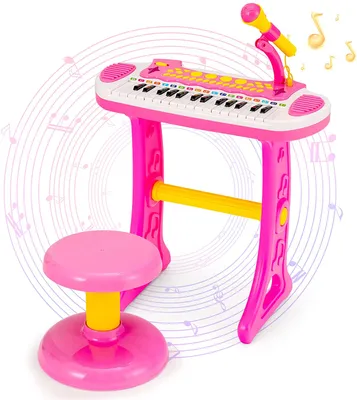 Produktbild von GOPLUS Kinderkeyboard mit 31 Tasten & Hocker, Elektronisches Keyboard mit Mikrofon, Aufnahme- und Wiedergabefunktion, Blinklichter, 22 Demos