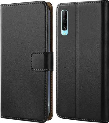 A black flip-style phone case is shown from the front and back.