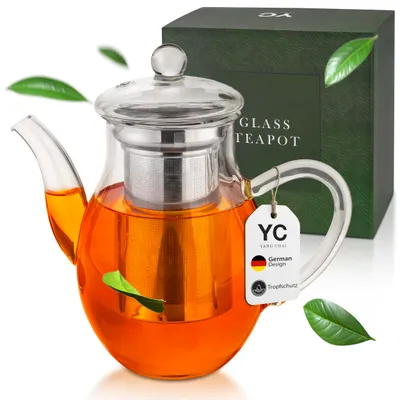 YC Yang Chai Teekanne aus Mundgeblasenem Glas Mit Teesieb 850 ml - Klar - Sieb aus 304 Edelstahl I T