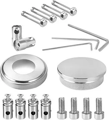 A collection of stainless steel railing components, including screws, connectors, and caps, arranged on a white background.