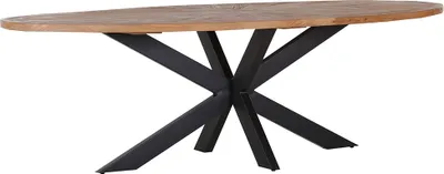 Produktbild von Esstisch oval in Ulme massiv TARRAS-123 mit modernem Metallgestell in schwarz, B/H/T: ca. 254/78/135 cm