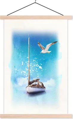 Produktbild von MuchoWow® Textilposter Boot - Meer - Möwe 120x180 cm mit holzfarbenen Rahmen - Textil-Plakat