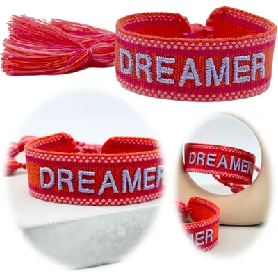 Produktbild von LS-LebenStil Canvas Statement Armband Dreamer Rot Grau besticktes Stoffarmband gewebt textiles Quasten Spruch Boho Geschenk Freundschaftsarmband