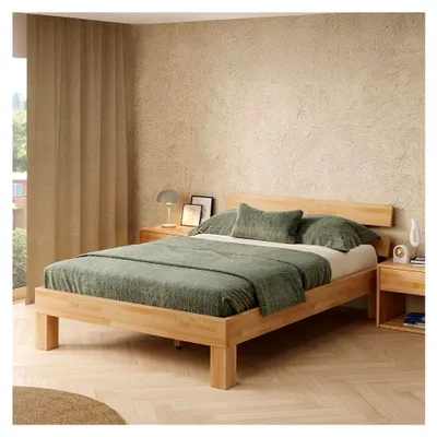 Produktbild von Massivholzbett 140x200 cm aus Buche - Bettgestell mit Kopfteil - Holzbett in natur geölt - geeignet als Doppelbett - Futonbett