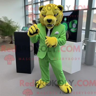 Obrázek produktu pro Postava REDBROKOLY maskota Lime Green Šavlozubého tygra oblečená v obleku a chytrých hodinkách