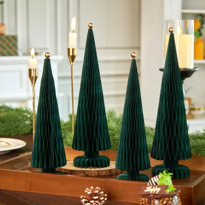 4er-Set Weihnachtsbäume aus Papier, dunkelgrün, Honigwaben-Design