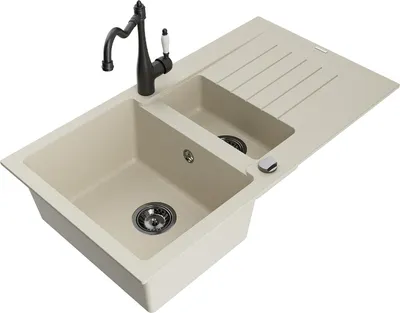 Produktbild von Mexen Matias 1,5-Becken-Granitspüle mit Abtropffläche und Mischbatterie Carla, Beige - 6502-69-670700-70