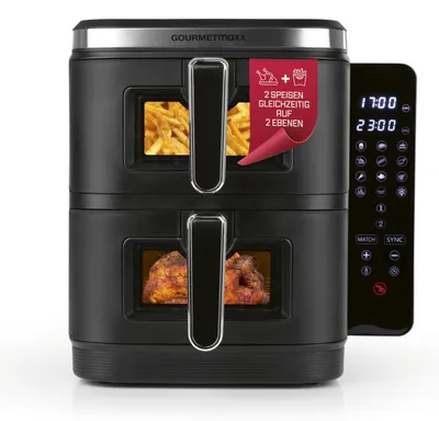Productafbeelding van GOURMETmaxx FryUp Verticale dubbele frituurpan met hete lucht, 10 liter - Bedieningspaneel met touchscreen