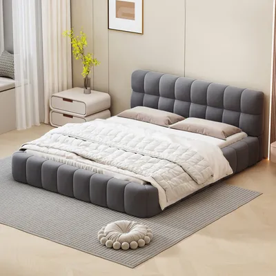 Produktbild von okwish Polsterbett 140 x 190 cm mit weicher Rückenlehne und Lattenrost Leinen Grau