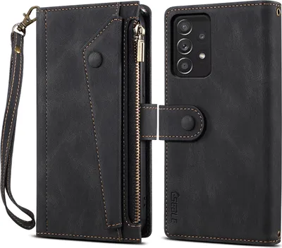 A black leather wallet-style phone case with a zipper and card slots is shown open and closed.