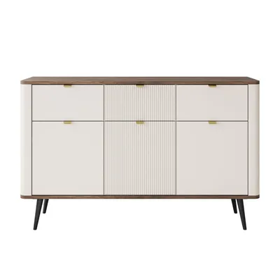 A white and brown sideboard with black legs against a white background.