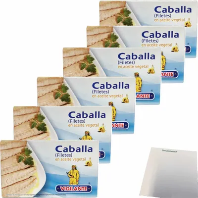 Produktbild von Vigilante "Makrelenfilet in Pflanzenöl" Filetes de Caballa (6x90g Dose) + usy Block