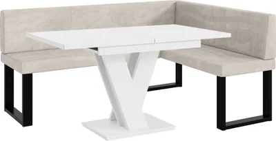 Produktbild von MEBLINI Eckbank für Esszimmer mit ausziehbarem Tisch  - Küchenbank - Essecke - Sitzecke Küche - TONI - U-Beine 128x168x87cm Rechts - Beige Samt/M Weiß Matt