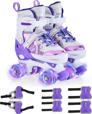 Produktbild von Rollschuhe fuer Kinder mit Schutzausruestung, 4 Groessen verstellbare leuchtende LED-Raeder, Rollschuhe fuer Maedchen (M)