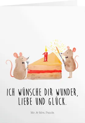 Produktbild von Mr. & Mrs. Panda Geburtstagskarte 1. Geburtstag Mäuse Kuchen - Weiß - Geschenk, Grußkarte, Happy Birthday, Glückwunschkarte, Einladungskarte, Herzlichen Glückwunsch