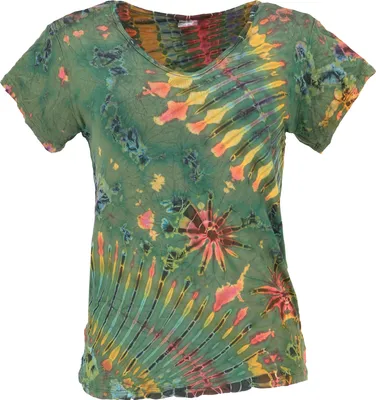 Produktbild von Batik Hippie T-Shirt mit V-Auschnitt, Unikat Boho Batikshirt - Olive, Damen, Mehrfarbig, Viskose,Elasthan, Tops & T-Shirts