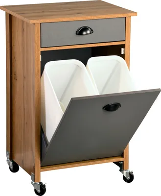 Produktbild von KESPER wózek kuchenny dąb dekor, szary - 2 kosze na śmieci (15 L każdy) - 50x37x79cm -   - Szafka kuchenna - z szufladą i 4 kółkami, zamykana - 2552813