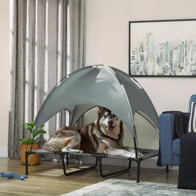Produktbild von Sweiko Erhöhtes Hundebett mit Baldachin, Haustierbett, Hundeliege outdoor mit Dach, Atmungsaktiv, Taftstoff für Camping Grau 122 x 92 x 108 cm