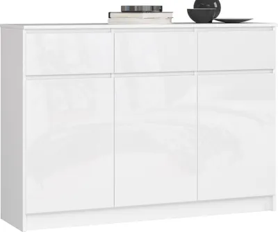 Image de Akord Commode 3 Portes 3 Tiroirs Blanc/Blanc Brillant 138X40X99