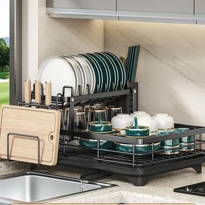 Image de Égouttoir en acier inoxydable – Égouttoir compact avec bec pivotant à 360°, bac d'égouttage et porte-couverts, peu encombrant pour la cuisine (1 niveau + tablette supplémentaire)