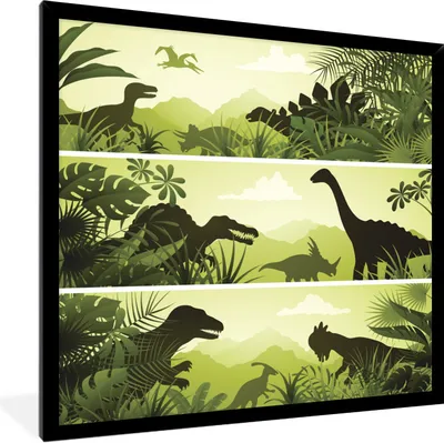 Produktbild von MuchoWow® Gerahmtes Poster Dinosaurier - Dschungel - Illustration - Kinder - Kind 40x40 cm - Poster mit Schwarzem Bilderrahmen Wandposter Rahmen Foto Bilder - Mit Rahmen - Wanddekoration Schlafzimmer
