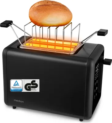 Produktbild von MEDION Toaster 2 Scheiben mit Brötchenaufsatz (7 Bräunungsstufen, 5 Automatikprogramme, 850 Watt, Auftauen, Aufwärmen, LED Sensor Touch Display, Krümelschublade, Edelstahl Matt, MD 12102) schwarz