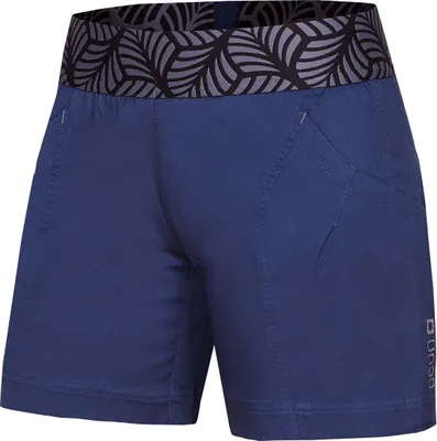 Dunkelblaue PANTERA ORGANIC Shorts von Ocun mit einem gemusterten Bund; geeignet für Klettern und Bouldern.