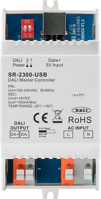 Produktbild von SR-2300-USB DALI Master Controller Hutschienenmodul USB DT6 DT8 HCL 64 Geräte 16 Gruppen 16 Szenen