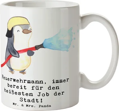 Produktbild von Mr. & Mrs. Panda Kaffeetasse Feuerwehrmann Held - Weiß - Geschenk, Geschenke für Berufstätige, kreative, Hilfsbereitschaft, Hommage, Tasse, Flammen, personalisierte