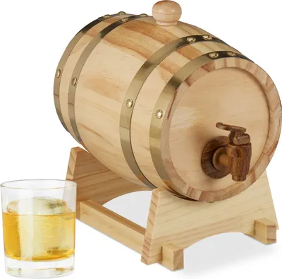Produktbild von Relaxdays 10027852 Holzfass 1,25 l, mit Bock, Zapfhahn, für Whiskey, Wein, Spirituosen, Whiskyfass HxBxT 23 x 16 x 25,5 cm, Natur, Holz