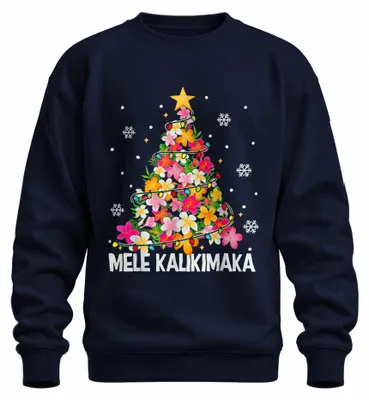 Imagen del producto de "Mele Kalikimaka" - Sudadera con cuello redondo, diseño navideño hawaiano con flores de plumeria, estilo tropical, para hombre y mujer, color azul marino, talla 3XL