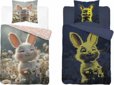 Produktbild von Baumwollbettwäsche, Kinderbettwäsche, im Dunkeln leuchtend 160x200 5548a Kaninchen