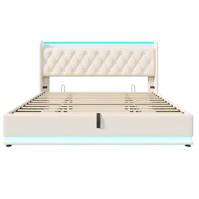 Produktbild von Abrihome Polsterbett 180x200cm Doppelbett mit USB&Type-c Ladefunktion, Hydraulisches Stauraumbett mit LED, Weiß(Ohne Matratze)