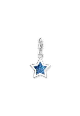 A silver star charm with blue glitter inside, hanging from a silver clasp.
