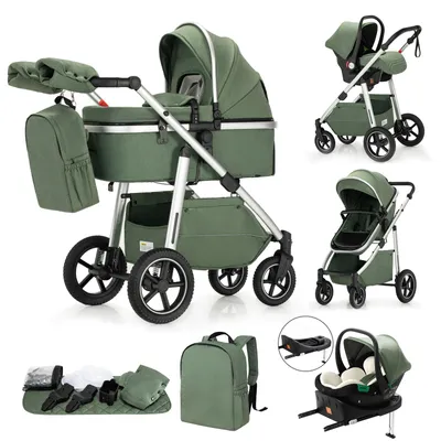 Produktbild von 3-in-1 Kinderwagen - Reisesystem mit Autositz - ISOFIX-Basisstation - Leicht faltbar - Für Kinder 1–2 Jahre - Belastbar über 20 kg - Grün