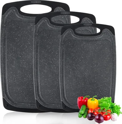 Produktbild von Kunststoff-Schneidebrett-Set mit Saftrillen und rutschfesten Griffen - 3 Stück - BPA-frei und spülmaschinenfest - Küchenbrett.