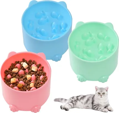 Obrázek produktu pro 3 zábavné vyvýšené misky na krmivo (modré/růžové/zelené), proti zvracení, pro kočky/malé psy