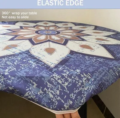 Produktbild von Famanu Tischdecke für den Außenbereich, rund, 200 cm, elastisch, abwaschbar, wasserabweisend, blau