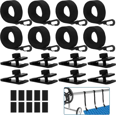 Produktbild von Pool Aufroller mit Befestigungsbändern und Klammern, 8er Set für Poolabdeckungen