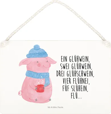 Produktbild von Mr. & Mrs. Panda Holzschild Schweinchen Glühwein DIN A4 - Weiß - Geschenk, holzbild, Weihnachten, Türschild, Betrunken, Weihnachtsmarkt, Schild, Spruch, wandhänger