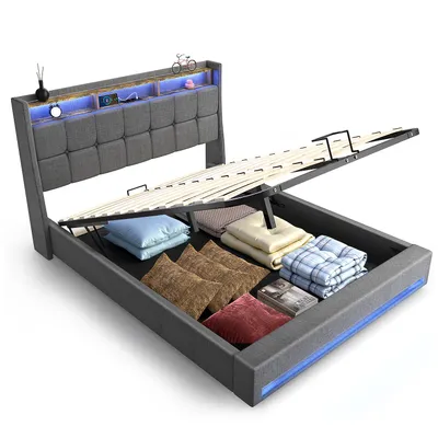 Produktbild von Polsterbett 90x200cm mit Ladefunktion (2AC & USB & Type-C), Doppelbett Jugendbett mit Led, Hydraulisch anhebbarer Stauraumbett, Leinen, Grau