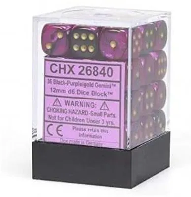 Immagine prodotto di Dadi Chessex Gemini 12mm d6 con pallini, blocchi di dadi (36 dadi) - Nero-Viola con oro