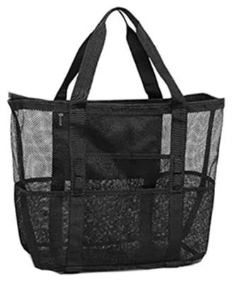 Produktbild von Große Strandtasche aus Netzgewebe mit Innentasche mit Reißverschluss, Schultertasche, Badetasche für Damen, faltbare Handtasche, Einkaufstasche, Strandtasche für Strand, Familie, Reisen, 42 x 38 x 20 cm