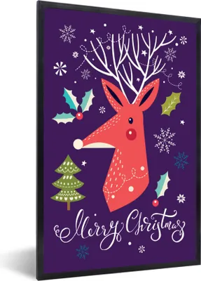 Produktbild von MuchoWow® MuchoWow® Gerahmtes Poster Rentier - Weihnachten - Zitate - Frohe Weihnachten - Stechpalme 60x90 cm - Poster mit zchwarzem Bilderrahmen - Kunst